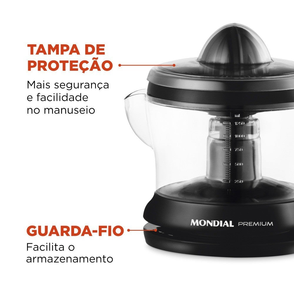 Imagem mostrando as características do Espremedor de Frutas 1,25 Litros Mondial: Tampa de proteção e guarda-fio.