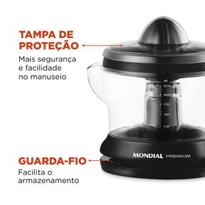 Imagem mostrando as características do Espremedor de Frutas 1,25 Litros Mondial: Tampa de proteção e guarda-fio.