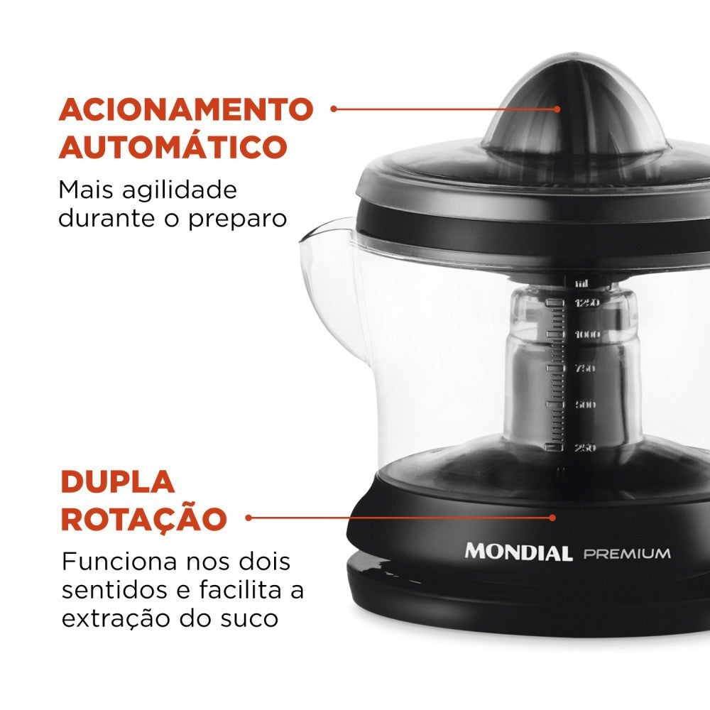 Imagem mostrando as características do Espremedor de Frutas 1,25 Litros Mondial: Acionamento automático e Dupla rotação.