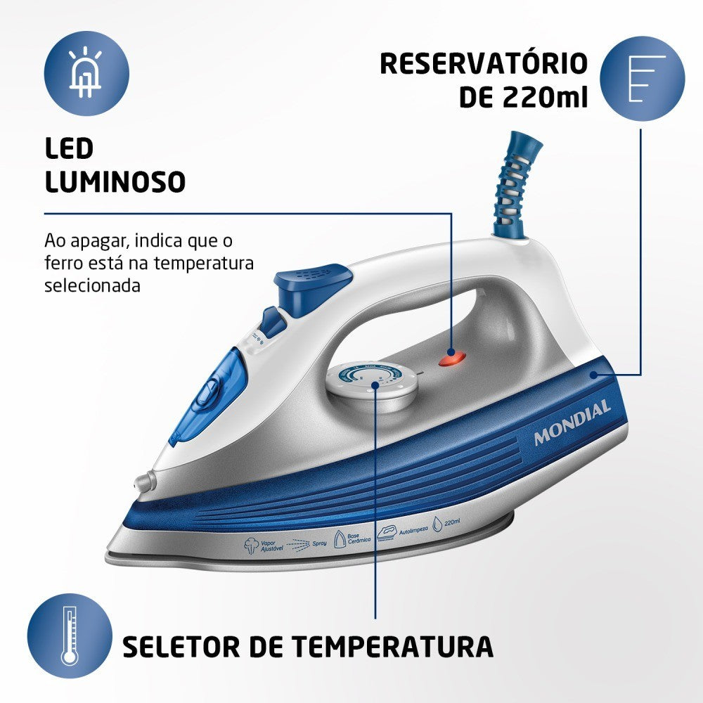 Imagem mostrando o Seletor de temperatura e led luminosoque indica, ao apagar, que o ferro está na temperatura selecionada. O Ferro de Passar a Vapor Mondial, possui capacidade de 220ml em seu reservatório.