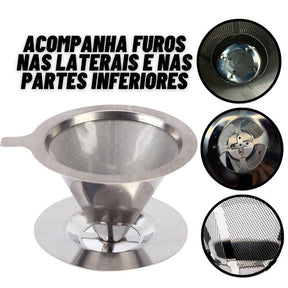 coador de café inox tamanho 103 para coar café sem a necessidade de utilizar filtro de papel. Possui furos nas laterais e nas partes inferiores para melhor preparo do café.