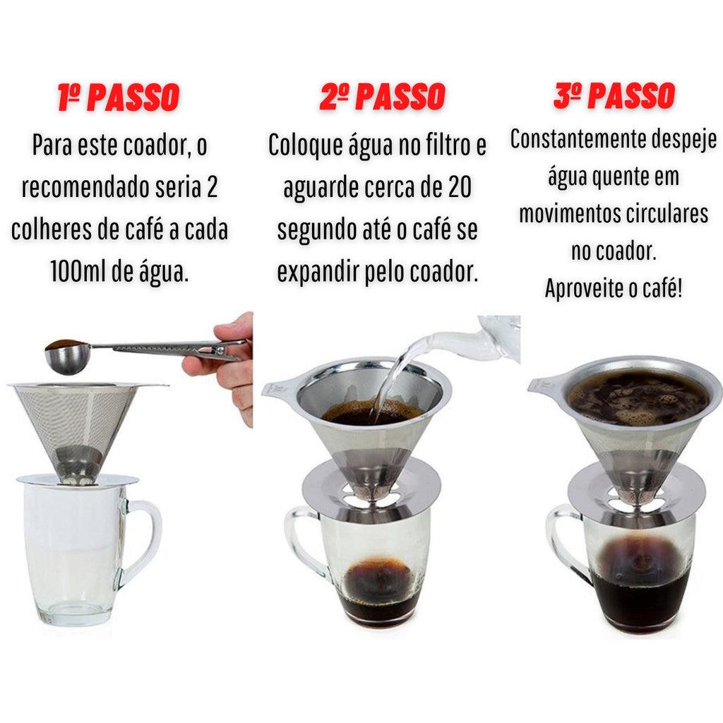 coador de café inox tamanho 103 para coar café sem a necessidade de utilizar filtro de papel. Coloque duas colheres de café para cada 100 mililitros de água, após isso coloque água no coador e aguarde 20 segundos até o café se expandir pelo coador e após filtrado aproveite o café!