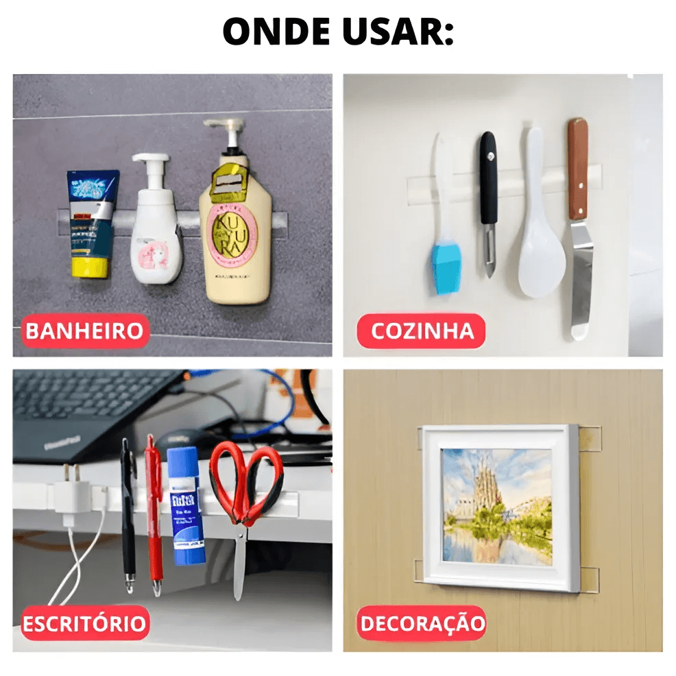 A fita dupla face é capaz de segurar na parede produtos de cabelo como shampoo e condicionador, utensílios de cozinha, materiais de escritórios e até decoração como quadros nas paredes.