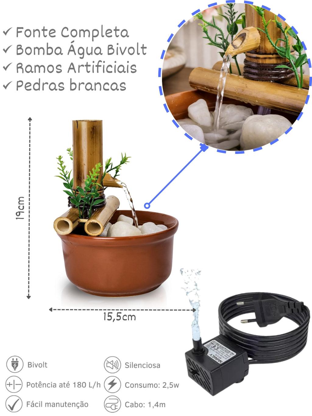 Imagem mostrando as dimensões e características da Fonte de Água em Cascata Estilo Feng Shui. 19 centímetros de altura; 15,5 centímetros de comprimento