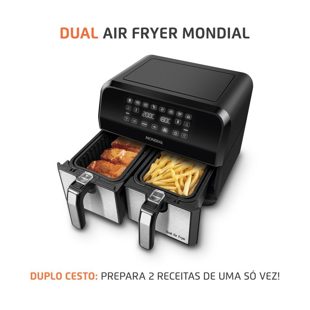 Imagem mostrando as características da Fritadeira Elétrica Air Fryer Dual 8L Mondial.