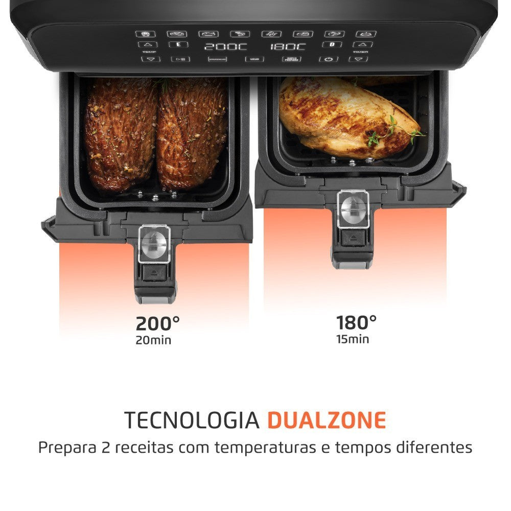 Imagem mostrando as características da Fritadeira Elétrica Air Fryer Dual 8L Mondial.