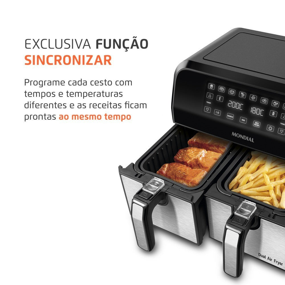 Imagem mostrando as características da Fritadeira Elétrica Air Fryer Dual 8L Mondial.