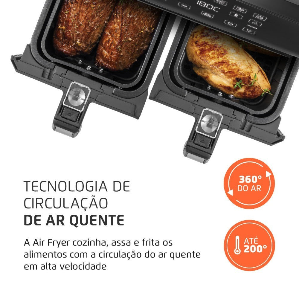 Imagem mostrando as características da Fritadeira Elétrica Air Fryer Dual 8L Mondial.