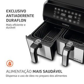 Imagem mostrando as características da Fritadeira Elétrica Air Fryer Dual 8L Mondial.