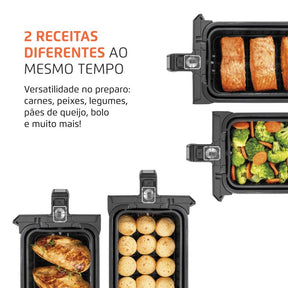 Imagem mostrando as características da Fritadeira Elétrica Air Fryer Dual 8L Mondial.