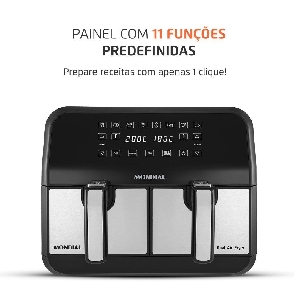 Imagem mostrando as características da Fritadeira Elétrica Air Fryer Dual 8L Mondial.