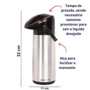 Imagem da Garrafa Térmica de Café em Inox 1 Litro, com suas medidas e características.