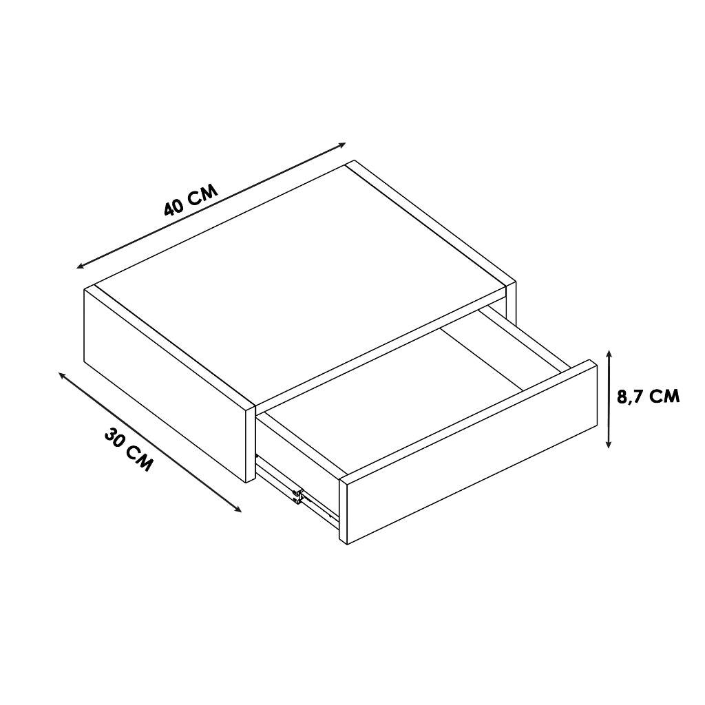 Imagem mostrando as medidas da Gaveta em MDF Suspensa. 40 centímetros de comprimento; 30 centímetros de largura e 8,7 centímetros de altura.