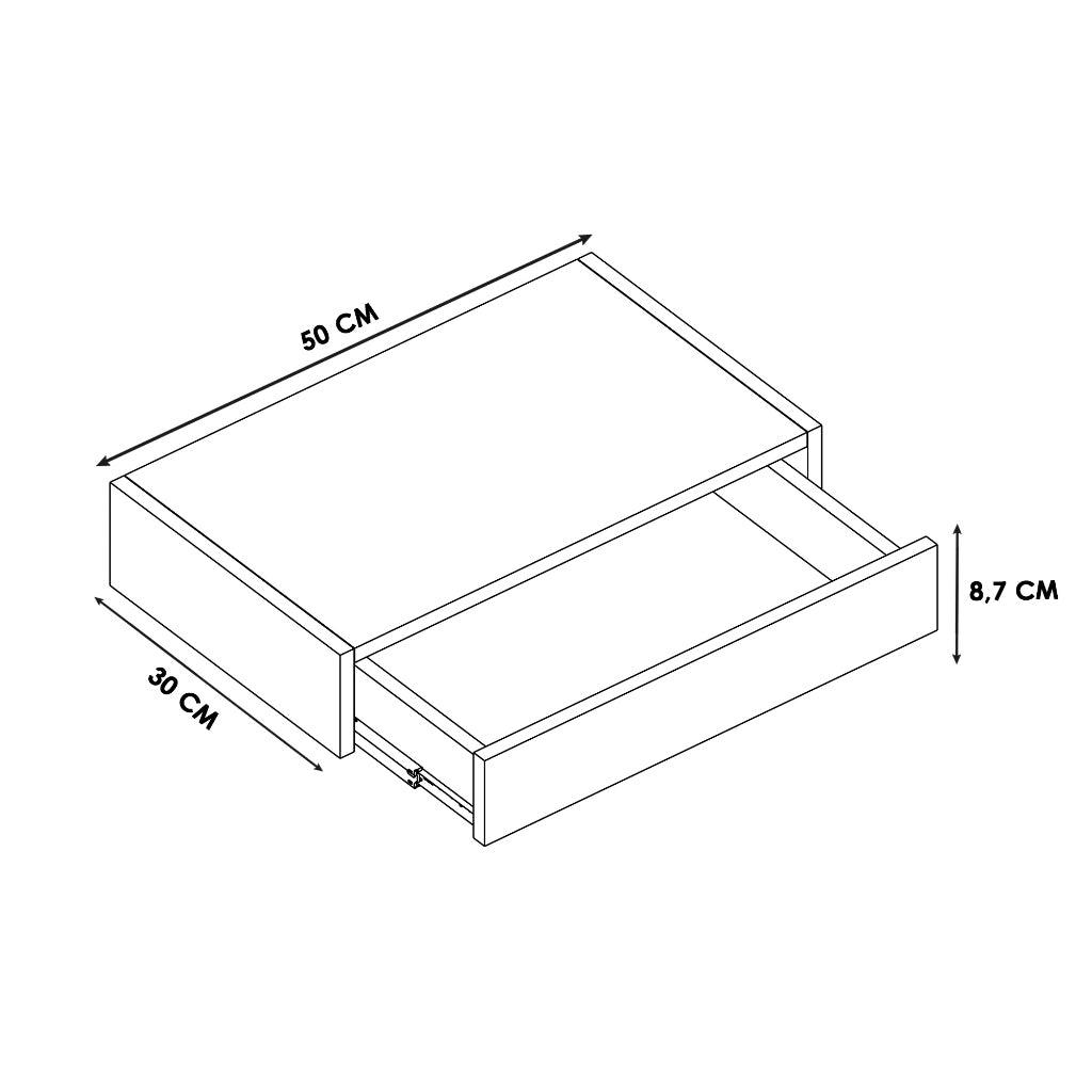 Imagem mostrando as medidas da Gaveta em MDF Suspensa. 50 centímetros de comprimento; 30 centímetros de largura e 8,7 centímetros de altura.