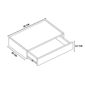 Imagem mostrando as medidas da Gaveta em MDF Suspensa. 50 centímetros de comprimento; 30 centímetros de largura e 8,7 centímetros de altura.