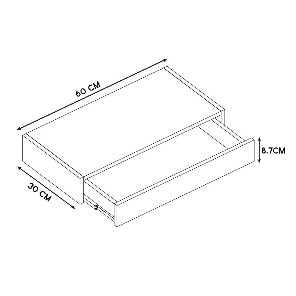 Imagem mostrando as medidas da Gaveta em MDF Suspensa. 60 centímetros de comprimento; 30 centímetros de largura e 8,7 centímetros de altura.