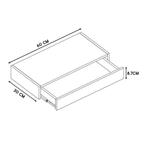 Imagem mostrando as medidas da Gaveta em MDF Suspensa. 60 centímetros de comprimento; 30 centímetros de largura e 8,7 centímetros de altura.