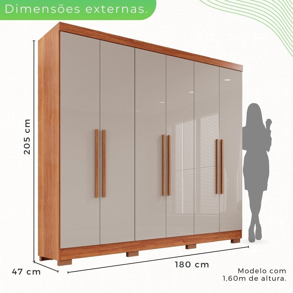 Imagem mostrando dimensões do Guarda-roupa Casal 6 Portas 2 Gavetas França: 205 centímetros de altura, 47 centímetros de largura, 180 centímetros de comprimento.