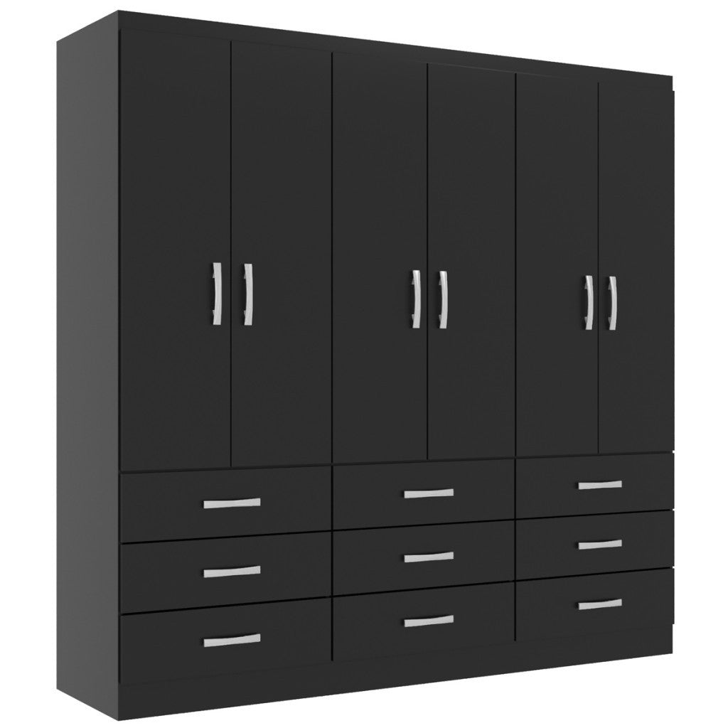 Imagem Guarda-Roupa Casal Bérgamo 6 Portas 9 Gavetas, Preto.