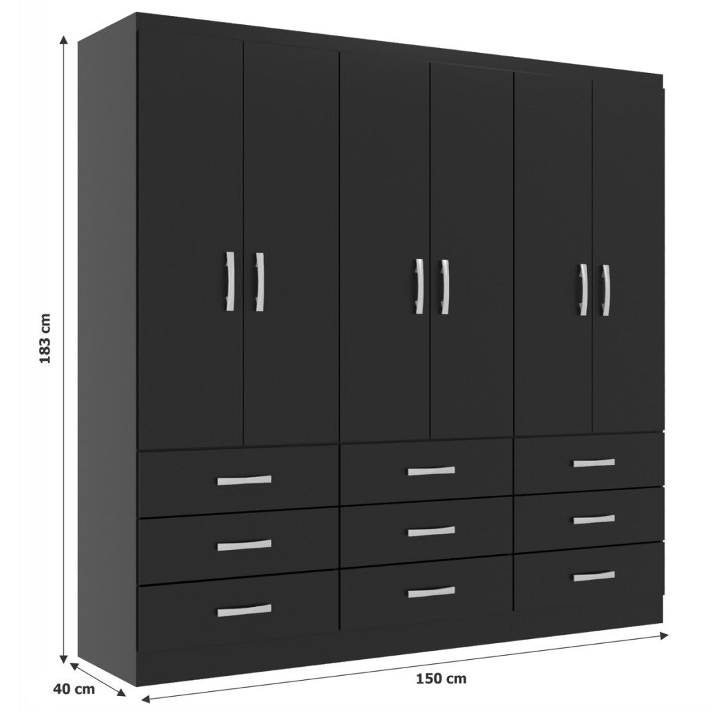 Imagem com as medidas do Guarda-Roupa Casal Bérgamo 6 Portas 9 Gavetas, Preto: 183 centímetros de altura; 40 centímetros de largura e 150 centímetros de comprimento. 