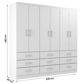 Imagem mostrando as medidas do Guarda-Roupa Casal Bérgamo 6 Portas 9 Gavetas, Branco: 183 centímetros de altura; 40 centímetros de largura e 150 centímetros de comprimento. 