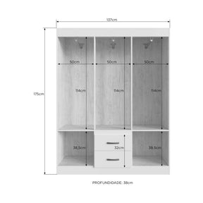 Imagem mostrando as medidas do Guarda-Roupas 6 Portas 2 Gavetas. Dimensões do produto montado: Altura: 175 centímetros; Largura: 137 centímetros; Profundidade: 38 centímetros.