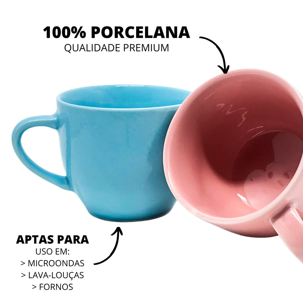 Imagem mostrando as características do Jogo 6 Xícaras 170ml de Porcelana Colorida