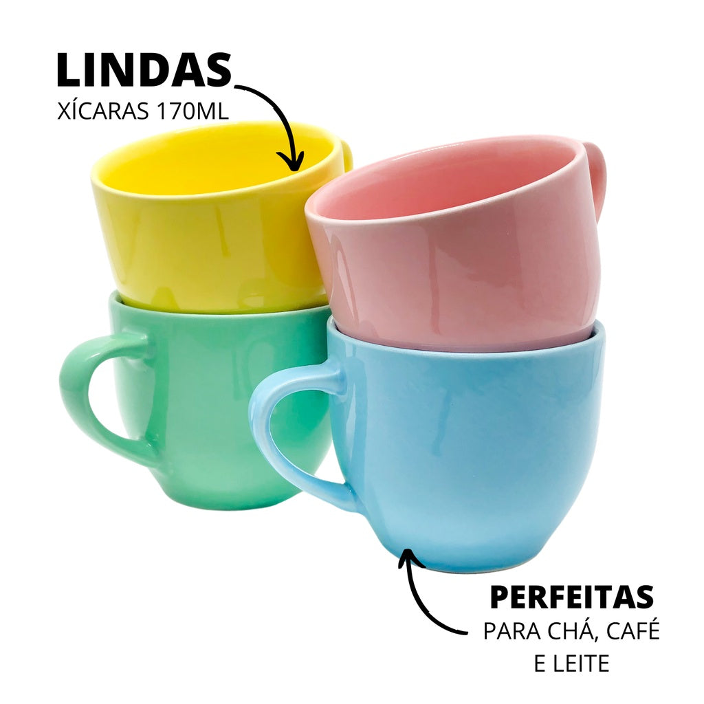 Imagem mostrando as características do Jogo 6 Xícaras 170ml de Porcelana Colorida