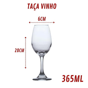 Imagem mostrando as medidas do Jogo com 4 Taças de Vinho: 6 centímetros de diâmetro e 20 centímetros de altura; 365 mililitros de capacidade.