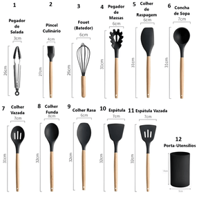 12 peças de silicone para cozinhar incluindo pegador de salada, pincel culinário, batedor, pegador de massas, colher de raspagem, concha de sopa, colher vazada, colher funda, colher rasa, espátula., espátula vazada e porta utensílios. Todos com suas respectivas dimensões.