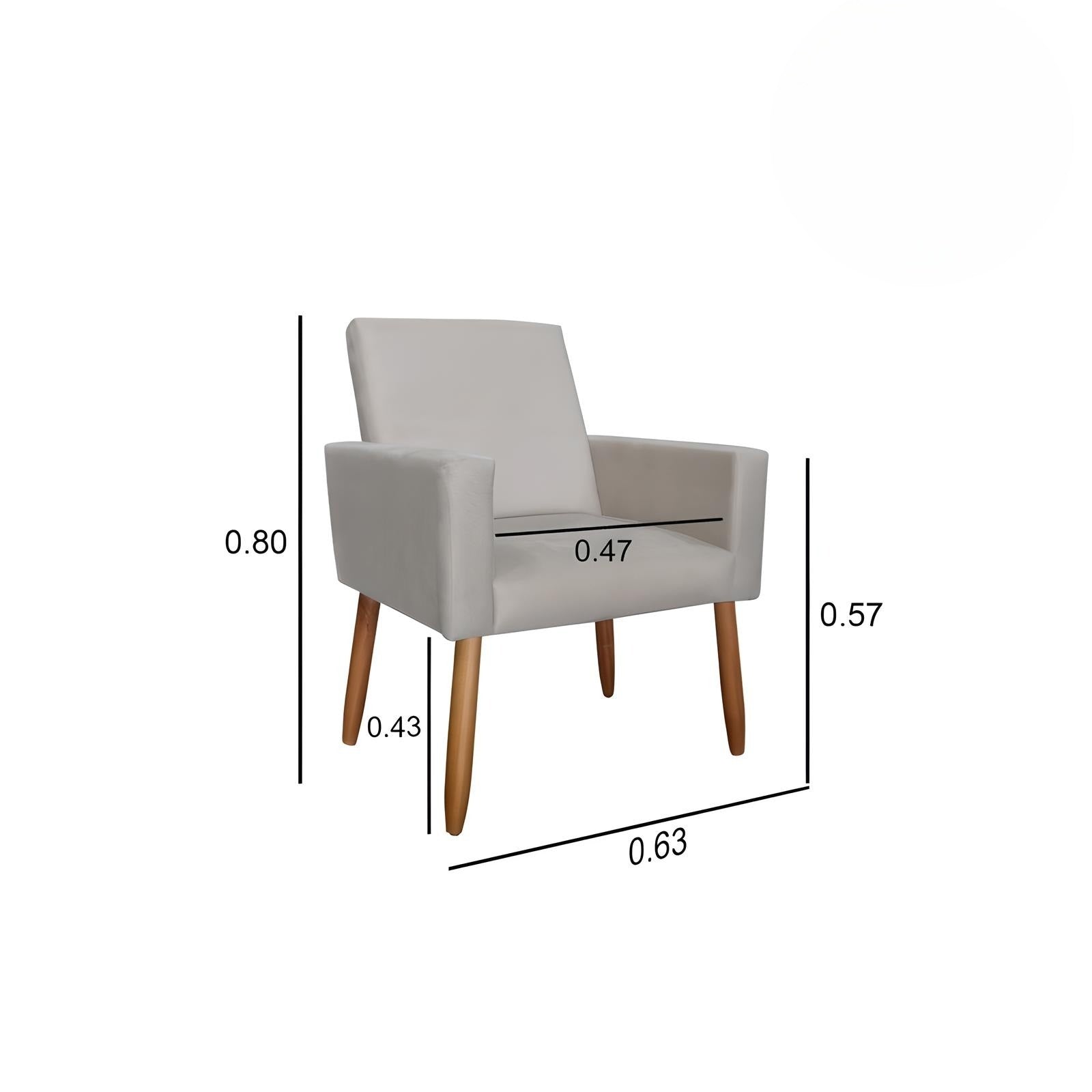 Imagem mostrando as dimensões da poltrona do Kit 2 Poltronas Decorativas Nina Bege: 80 centímetros de altura total; 63 centímetros de largura total. 43 centímetros de altura dos pés ao assento; 57 centímetros de altura dos pés ao braço; 47 centímetros de largura do assento.