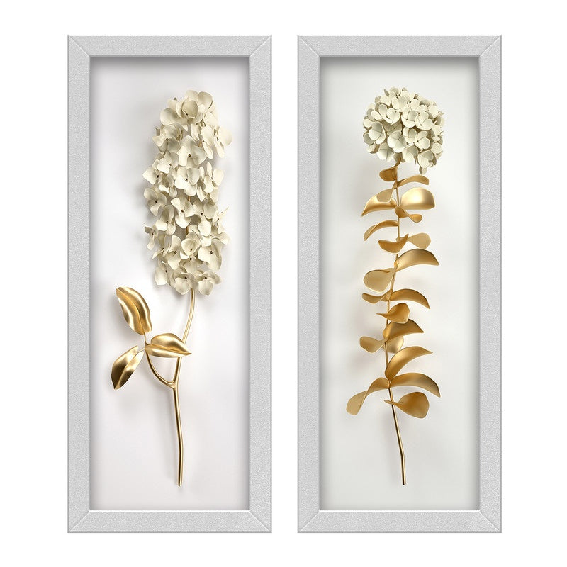 Imagem do Kit 2 Quadros Flor Dourado, Branco.