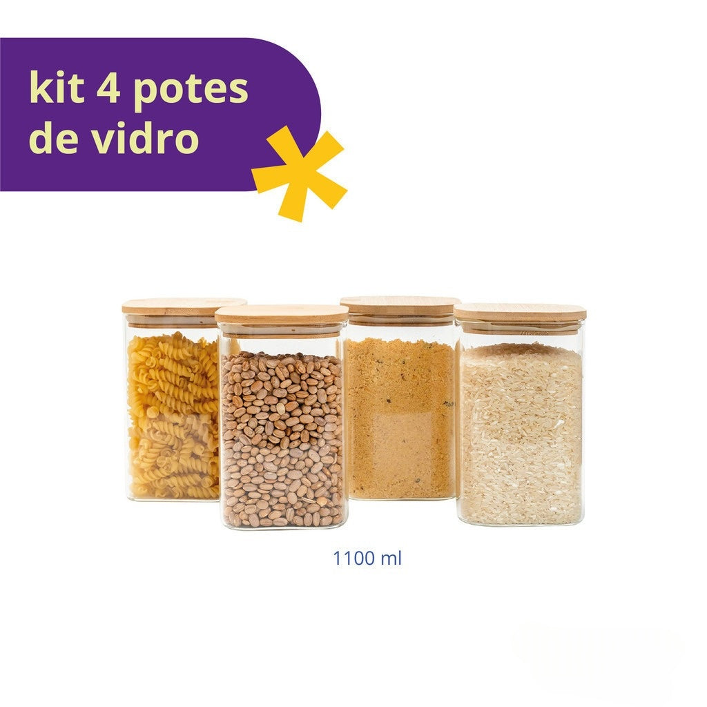 Imagem do Kit 4 Potes de Vidro Herméticos com Tampa de Bambu 1,1L.