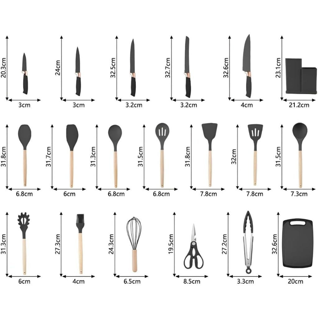 Imagem mostrando as medidas do Jogo Completo Utensílios de Cozinha Luxo 19 Peças.