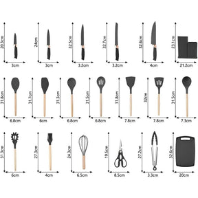 Imagem mostrando as medidas do Jogo Completo Utensílios de Cozinha Luxo 19 Peças.