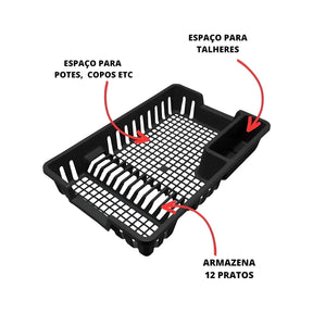 Imagem do escorredor de pia do Kit Cozinha Completa. Espaçõ para potes, copos e talheres; Armazena até 12 pratos.