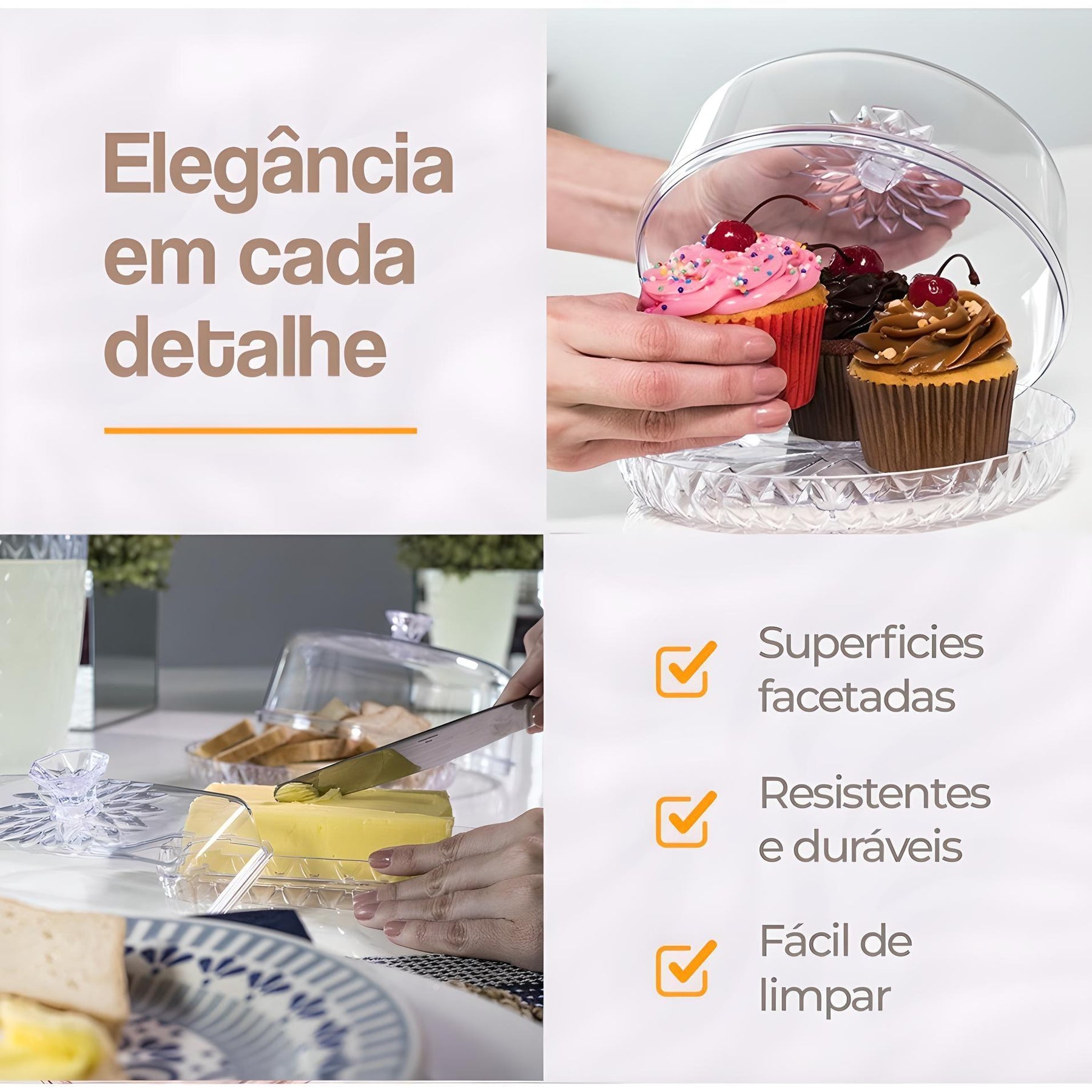 Imagem mostrando as especificações do Kit Cozinha Glamour: Superfícies facetadas; Resistentes e duráveis; Fácil de limpar. Elegância em cada detalhe!