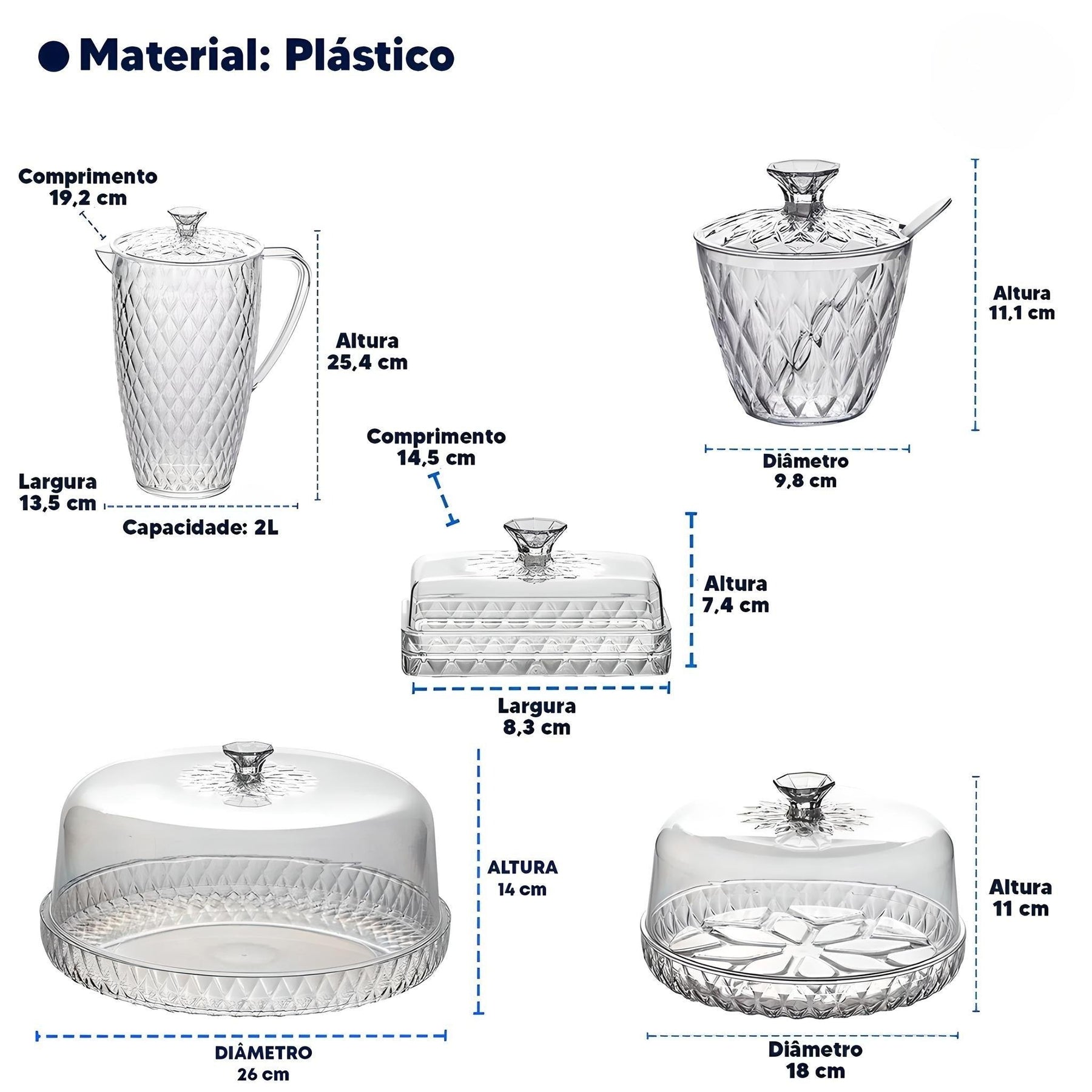 Imagem mostrando as medidas do Kit Cozinha Glamour. Jarra: Capacidade de 2 litros; 25,4 centímetros de altura; 19,2 centímetros de comprimeto; 13,5 centímetros de largura.  Boleira: 14 centímetros de Altura e 26 centímetros de diâmetro. Açucareiro: 11,1 centímetros de altura e 9,8 centímetros de diâmetro. Queijeira: 11 centímetros de altura e 18 centímetros de diâmetro. Mantegueira: 7,4 centímetros de altura; 14,5 centímetros de comprimento e 8,3 centímetros de largura.