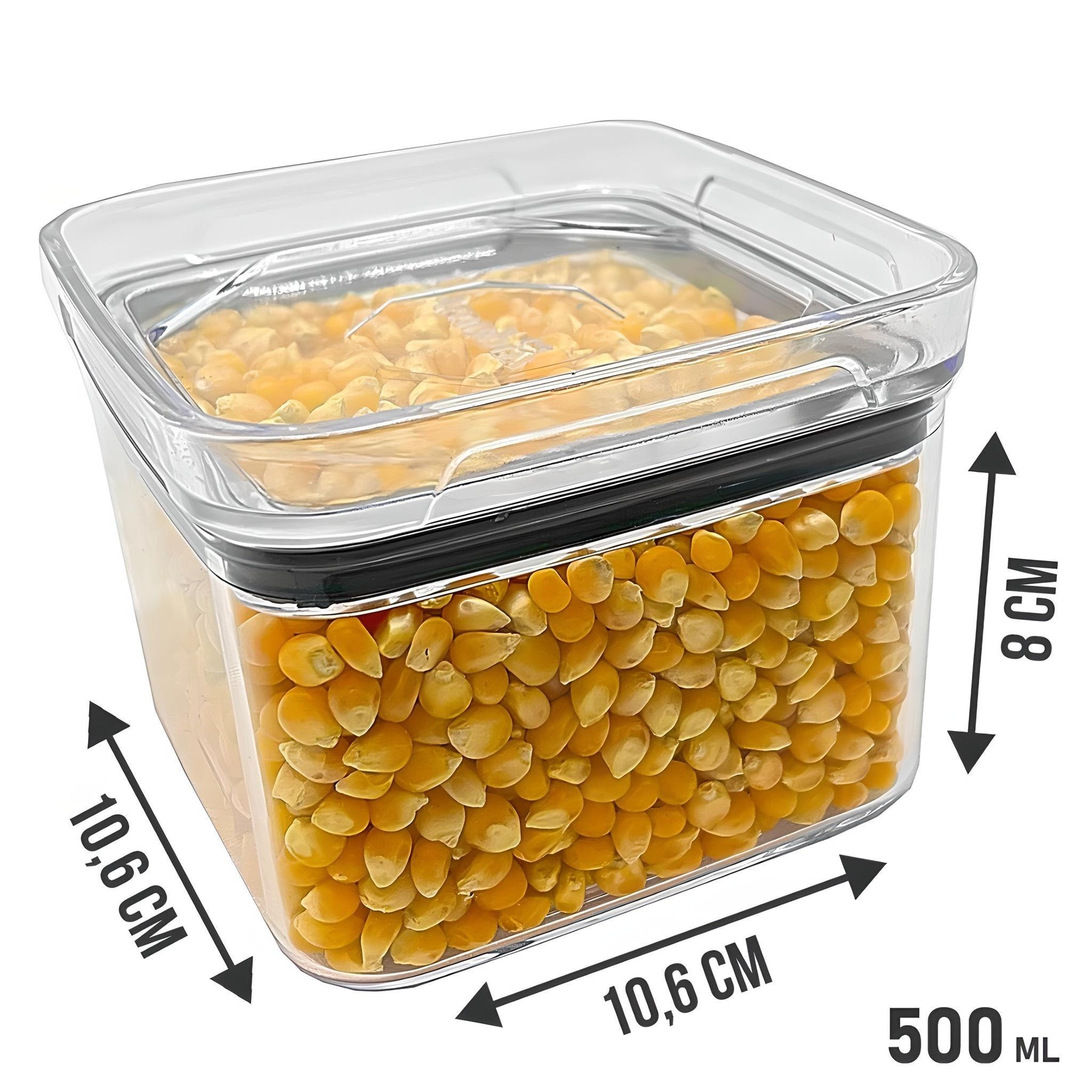 Imagem detalhada do pote hermético com capacidade de 500 mililitros e suas dimensões: 8 centímetros de altura; 10,6 centímetros de comprimento; 10,6 centímetros de largura. 
