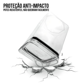 Imagem detalhada do pote hermético, mostrando sua proteção anti-impacto, que torna o pote mais resistente..