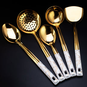 Imagem do Conjunto Utensílios de Cozinha Dourado Inox com Suporte.