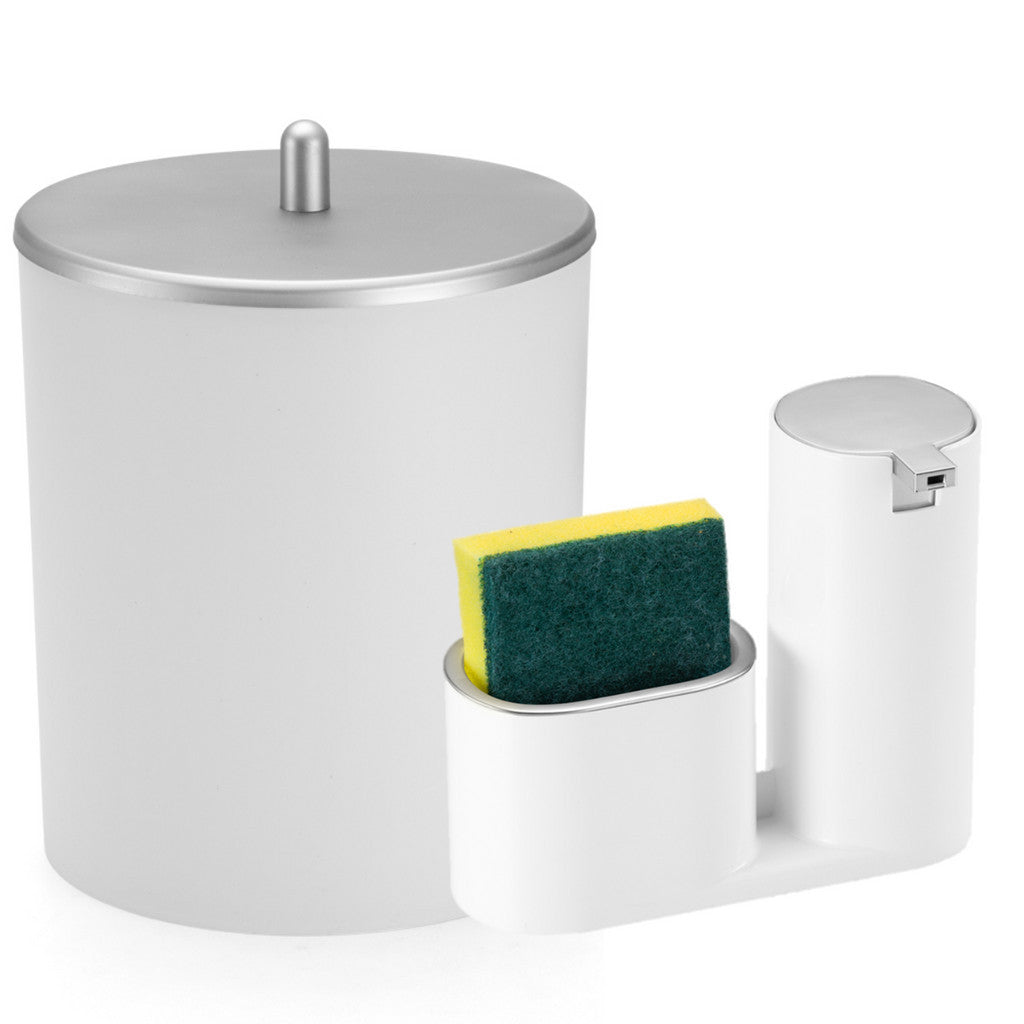 Imagem do Conjunto Lixeira 5L e Dispenser Luxo, Branco e Prata.