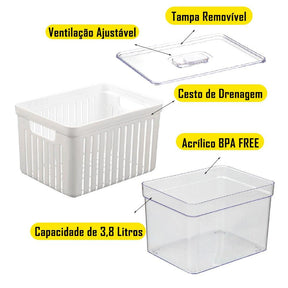 Imagem detalhando as peças do Kit Organizador de Geladeira 3,8 Litros. Cesto de drenagem; Tampa removível com ventilação ajustável; Caixa de acrílico BPA Free.