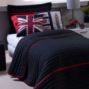 Imagem ambientada do Kit Roupa de Cama Solteiro 4 Peças; Modelo: London Preto e Vermelho.