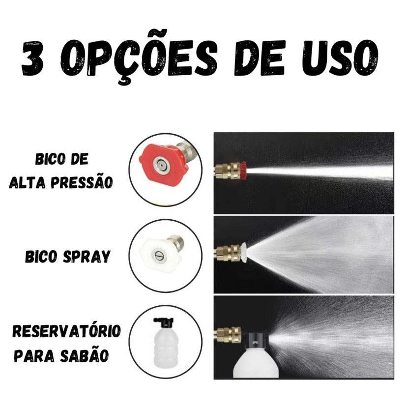 3 opções de uso da lavadora de alta pressão portátil profissional sem fio. A primeira é o bico de alta pressão que cria um feixe de água, o segundo é o bico spray que cria um jato spray e o terceiro é o reservatório para sabão para jogar sabão com facilidade.