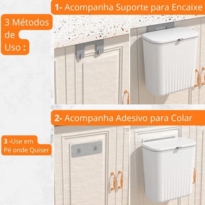 Lixeira suspensa de 9 litros com suporte para encaixe e adesivo para colar podendo ser utilizada em pé ou pendurada em alguma superfície vertical