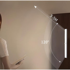 Imagem demostrando ângulo de 120º e alcance da iluminação de 3 à 5 metros da Luminária Portátil de LED com Sensor de Presença. 