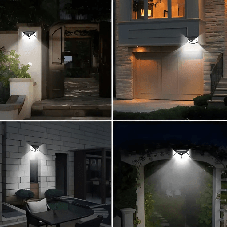 Lâmpada de LED com sensor e material à prova d'água iluminando a entrada de uma casa, um cômodo grande e um jardim.