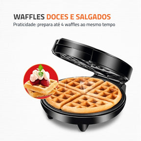 Maquina de fazer waffles doces e salgados. Capacidade de preparação de 4 waffles ao mesmo tempo.