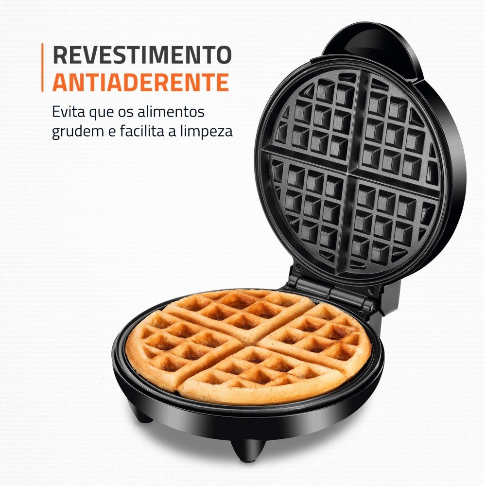 Máquina de fazer waffle com revestimento antiaderente que evita com que os alimentos grude e facilita a limpeza.